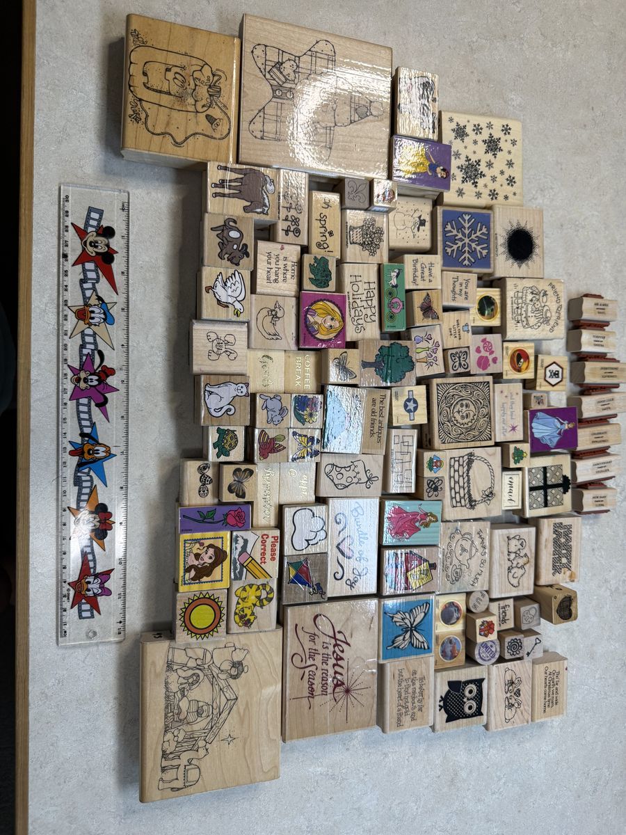 Lot of 100 Used Wood Mounted Rubber Stamps Various Themes Mostly Vintage