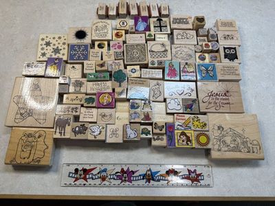 Lot of 100 Used Wood Mounted Rubber Stamps Various Themes Mostly Vintage