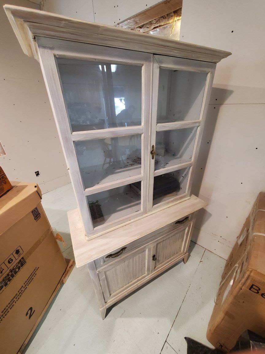 Wooden Hutch and Buffet Cabinet with Glass Doors