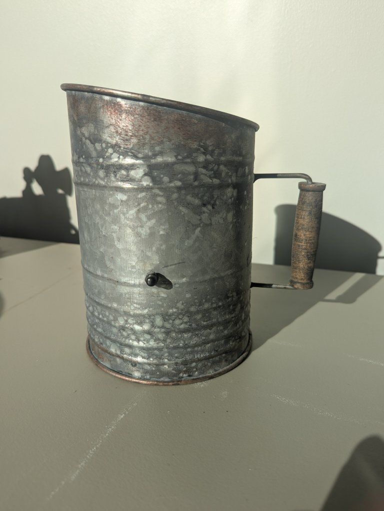 vintage tin flour sifter 1930s