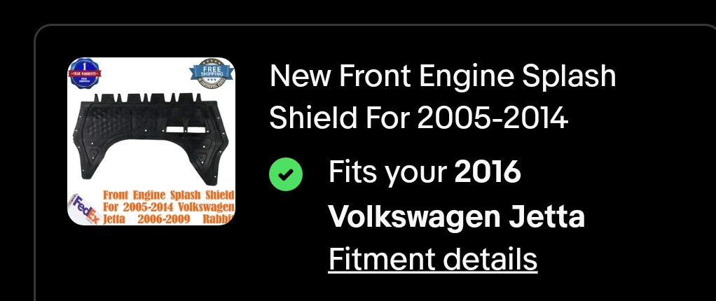 VW Jetta 2005-2016 Rabbit 2006-2009 New Front Engine Splash Shield
