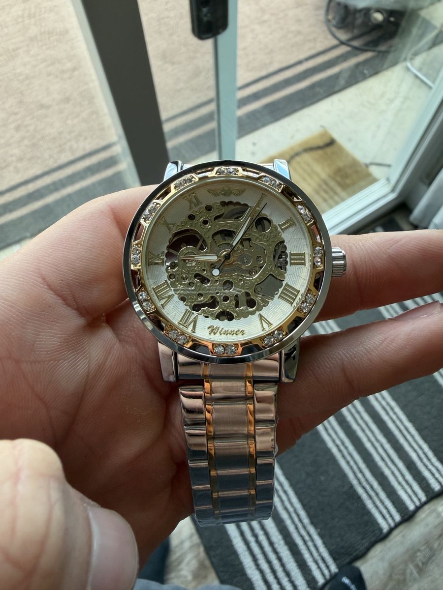 Men’s Gold Silver Skeleton Watch w/ Crystal Bezel