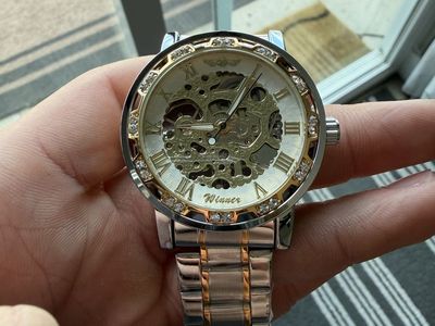 Men’s Gold Silver Skeleton Watch w/ Crystal Bezel