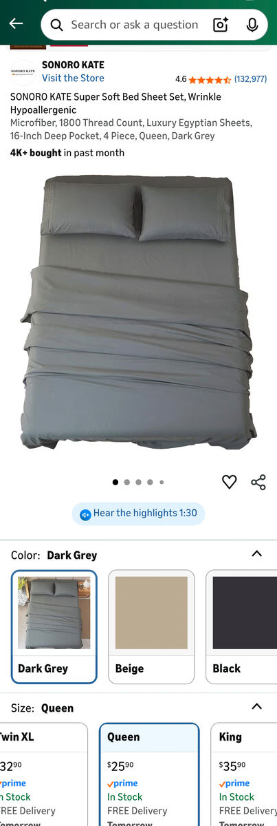 Sonoro Kate microfiber sheets, dark gray, new, 1800 thread ct