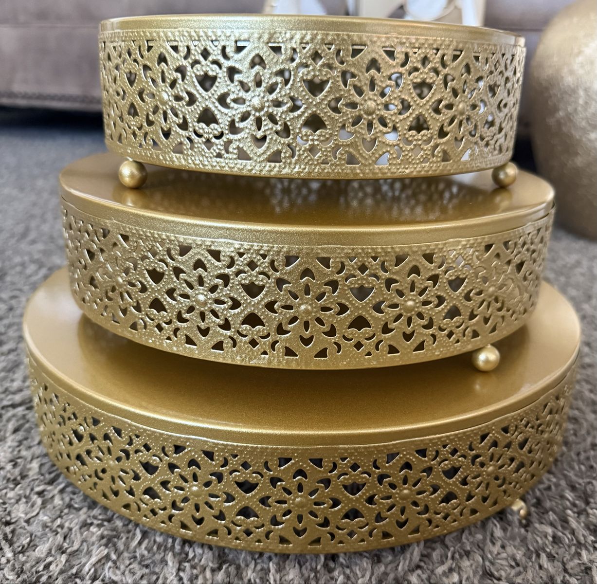 Gold Decor Set - 3 Cake Stands. Lanterns, Vase and happy tears tissues Wedding/Event Decorations