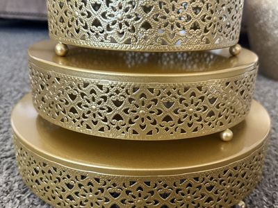 Gold Decor Set - 3 Cake Stands. Lanterns, Vase and happy tears tissues Wedding/Event Decorations