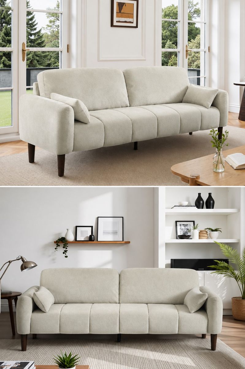 NEW! Mid-Century Nodern Channel Tufted Loveseat 69” – Beige
