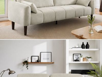 NEW! Mid-Century Nodern Channel Tufted Loveseat 69” – Beige