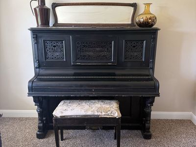 Antique Everett Piano Co. Cabinet Grand Upright Piano with Decorative Carvings & Bench