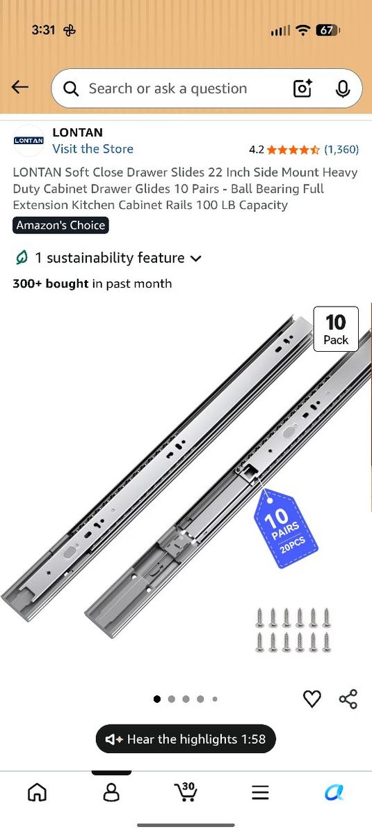 LONTAN 22 inch Soft Close Drawer Slides, 10 Pairs Full Extension Heavy Duty 100 LB Capacity Ball Bearing