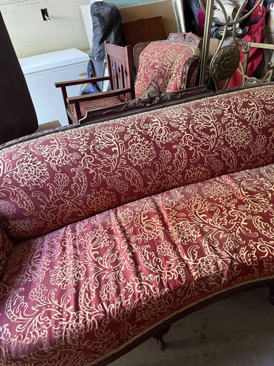 Victorian Style Carved Wood Settee Sofa with Red & Gold Brocade Upholstery