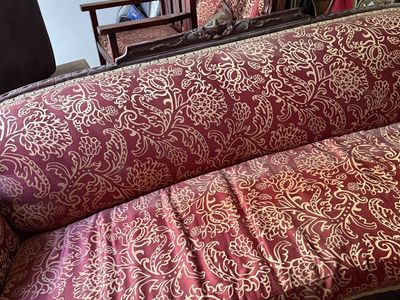 Victorian Style Carved Wood Settee Sofa with Red & Gold Brocade Upholstery