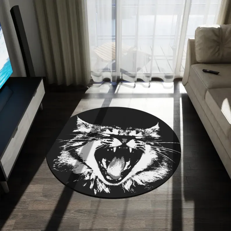 5 ft Round Chenille Monochrome Roaring Cat Rug