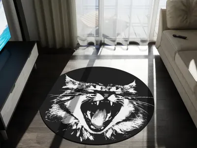 5 ft Round Chenille Monochrome Roaring Cat Rug
