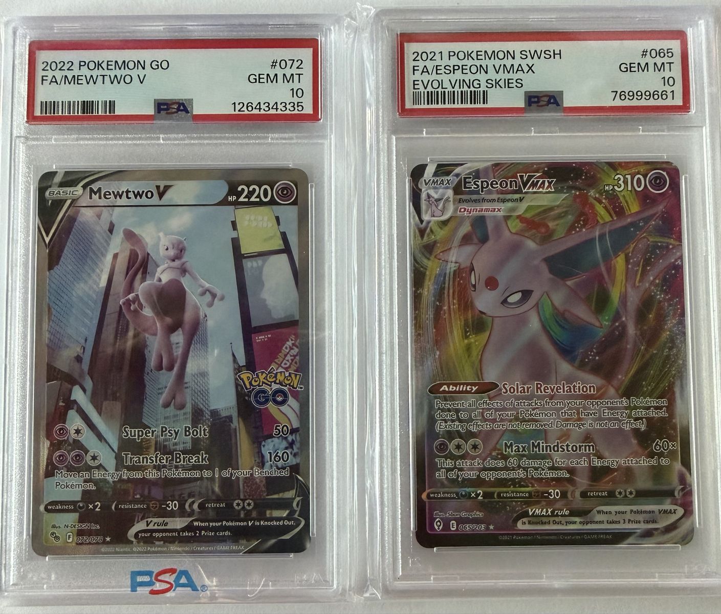 PSA 10 Pokemon TCG Mewtwo V (Pokemon GO) & Espeon VMAX (Evolving Skies) GEM MINT Trading Cards