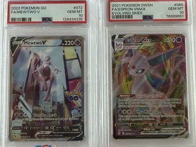 PSA 10 Pokemon TCG Mewtwo V (Pokemon GO) & Espeon VMAX (Evolving Skies) GEM MINT Trading Cards