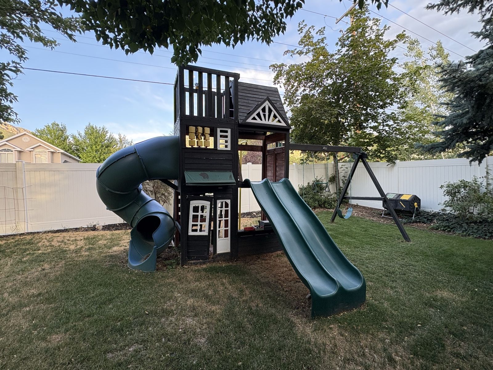 Large Wooden Backyard Playset with Double Slides, Tube Slide and Swing Set