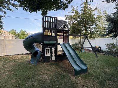 Large Wooden Backyard Playset with Double Slides, Tube Slide and Swing Set