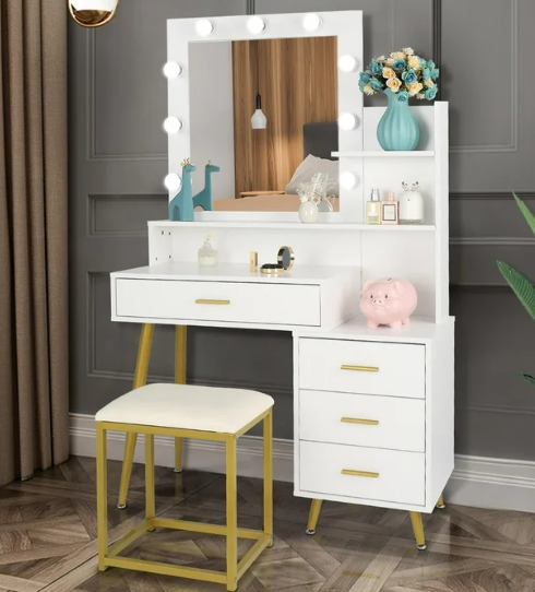 Ktaxon Vanity Table Set with Lighted Mirror/White