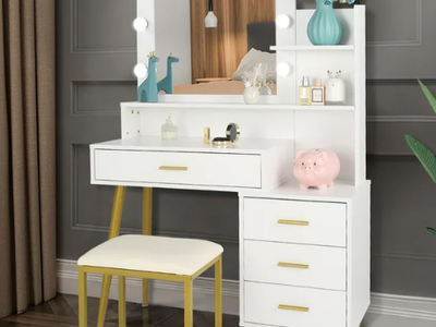 Ktaxon Vanity Table Set with Lighted Mirror/White