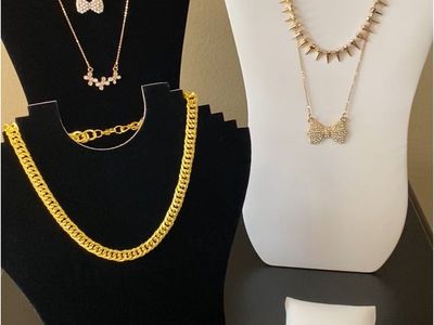 NEW! Gold Cuban Chain Necklaces & Bracelet, Bow w/ Pearls Rhinestones, Flower & Spike, Designs $11-$18 C-PIX