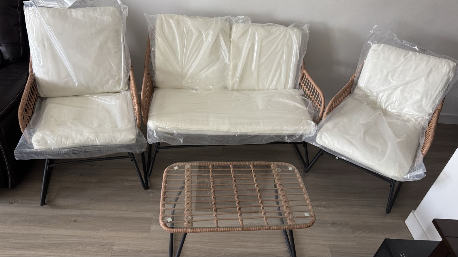 4 - Piece Wicker Patio Furniture Set, White Cushioned Outdoor Sofa & Chairs with Glass Table