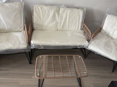 4 - Piece Wicker Patio Furniture Set, White Cushioned Outdoor Sofa & Chairs with Glass Table
