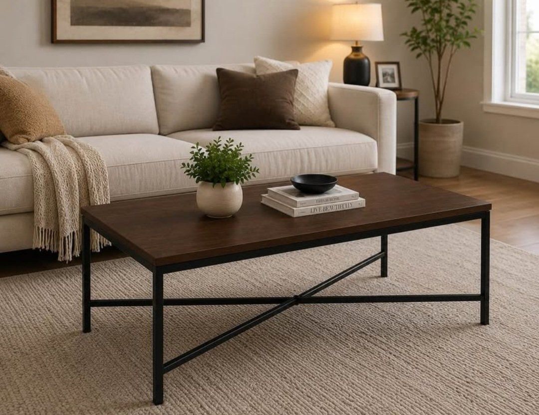 Modern Rectangular Coffee Table Brown Wood Look Top Black Metal Frame 41x22