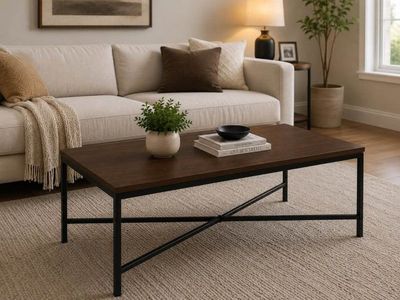 Modern Rectangular Coffee Table Brown Wood Look Top Black Metal Frame 41x22