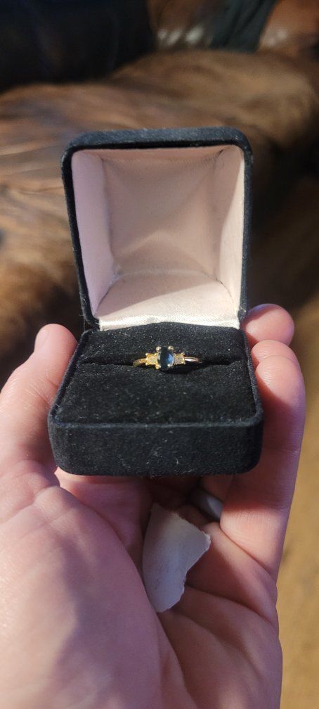 Gold Tone Ring with Dark Gemstone & Clear Side Stones, In Box