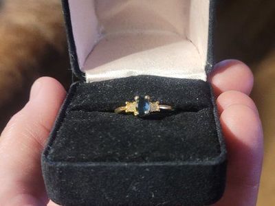 Gold Tone Ring with Dark Gemstone & Clear Side Stones, In Box