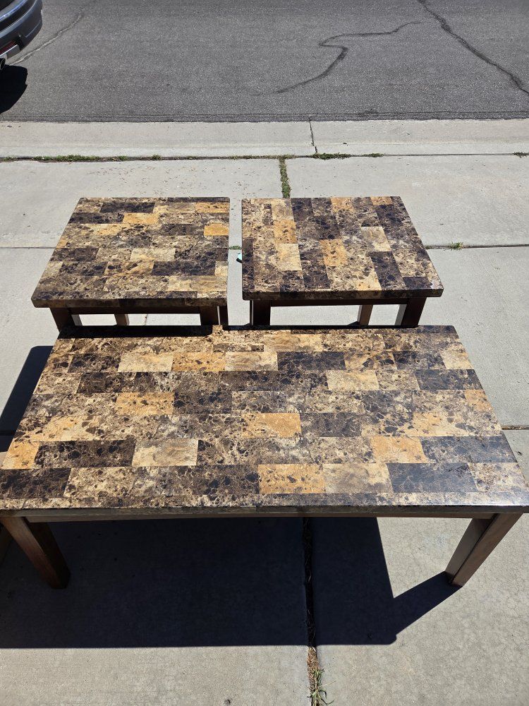 Coffee Table and Two End Tables Set with Faux Stone Mosaic Top