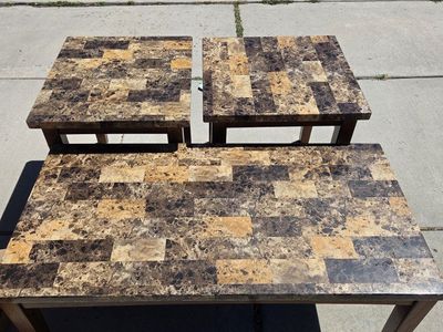 Coffee Table and Two End Tables Set with Faux Stone Mosaic Top
