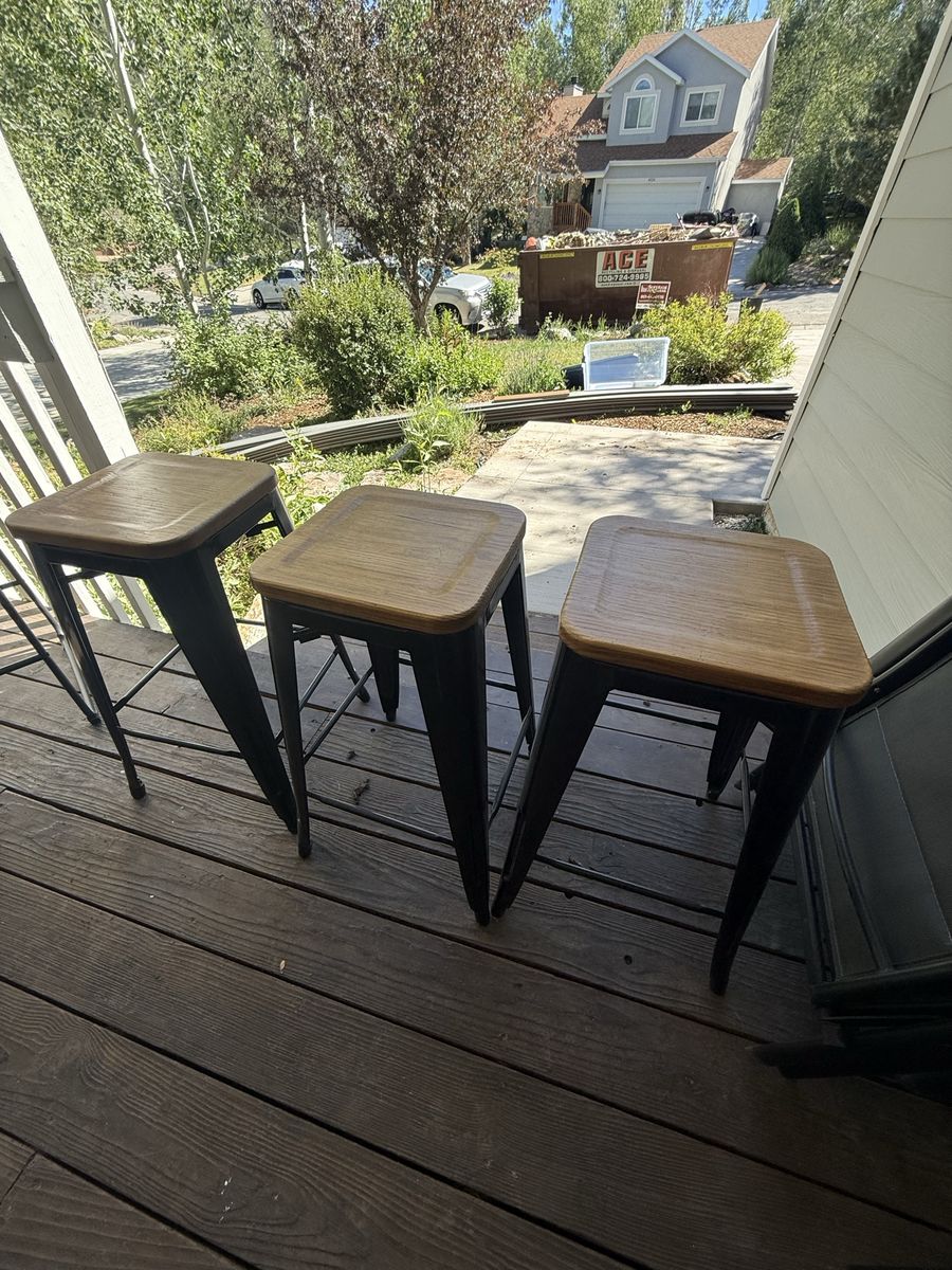 Set of 3 Industrial Style Black Metal & Wood Top Bar Stools - Counter Height