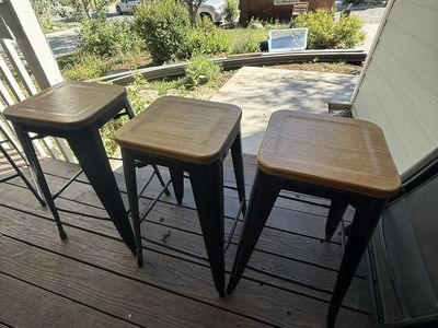 Set of 3 Industrial Style Black Metal & Wood Top Bar Stools - Counter Height