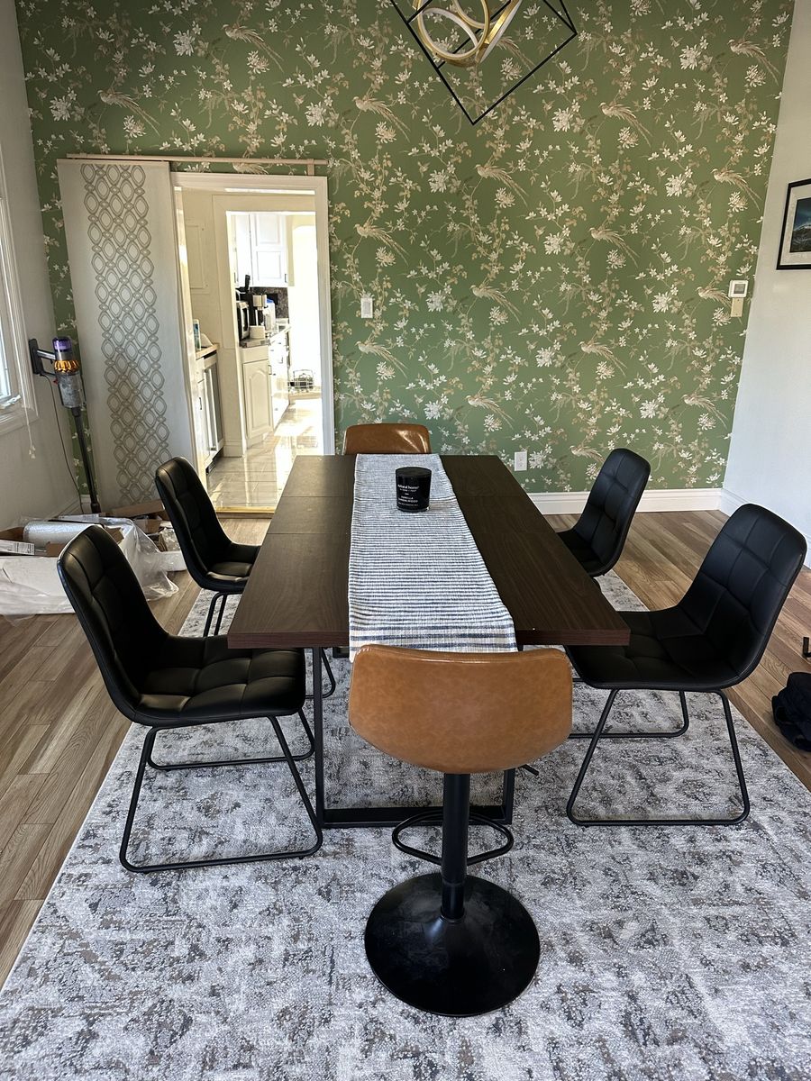 Dark Wood Extendable Dining Table with Black Metal Legs and Full Six Seat Set