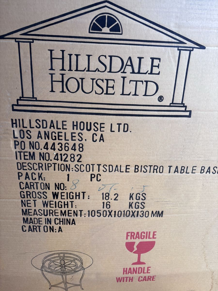 Hillsdale House Scottsdale Bistro Table Base & Glass Top - NEW (Item 41282 & 41283)