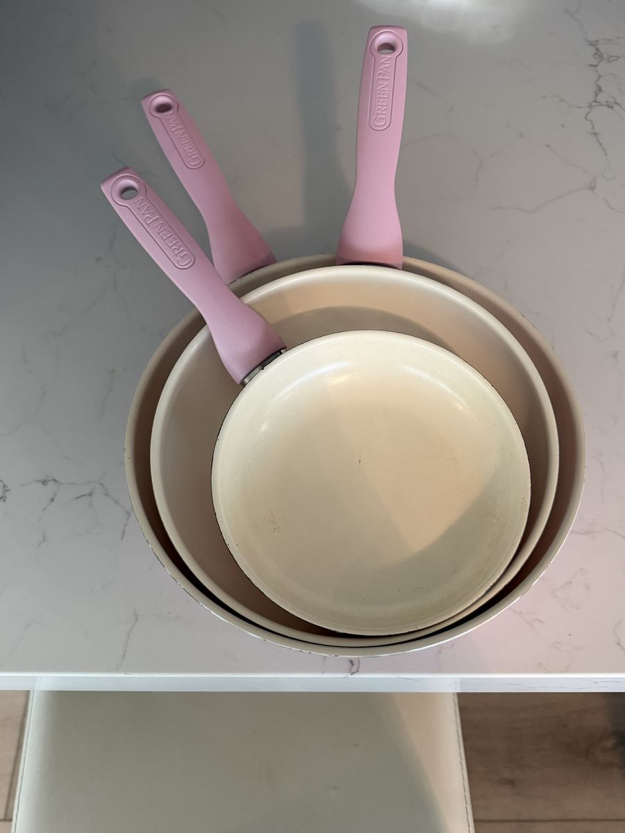 GreenPan Rio Ceramic Nonstick Frypan Set - 7", 9.5", 11" - Pink Handles, White Interior