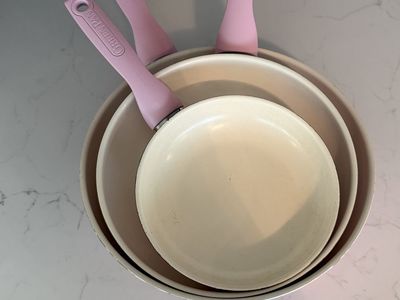 GreenPan Rio Ceramic Nonstick Frypan Set - 7", 9.5", 11" - Pink Handles, White Interior