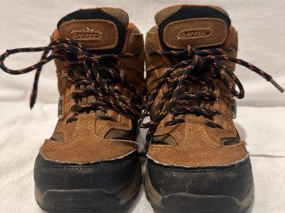 Hi-Tec toddler size 12 brown and black leather/textile waterproof mid hiking boots