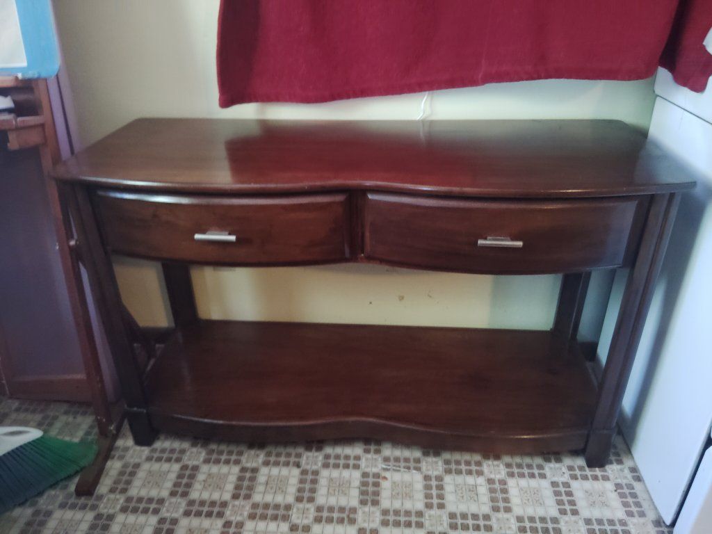 Elegant Wood Console Table with 2 Drawers and Lower Shelf - Dark Cherry Finish, Gently Used