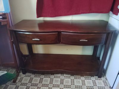 Elegant Wood Console Table with 2 Drawers and Lower Shelf - Dark Cherry Finish, Gently Used