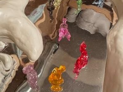 “Vintage Christmas ice skating rink display – mirror pond, figures, bridge – complete with box”