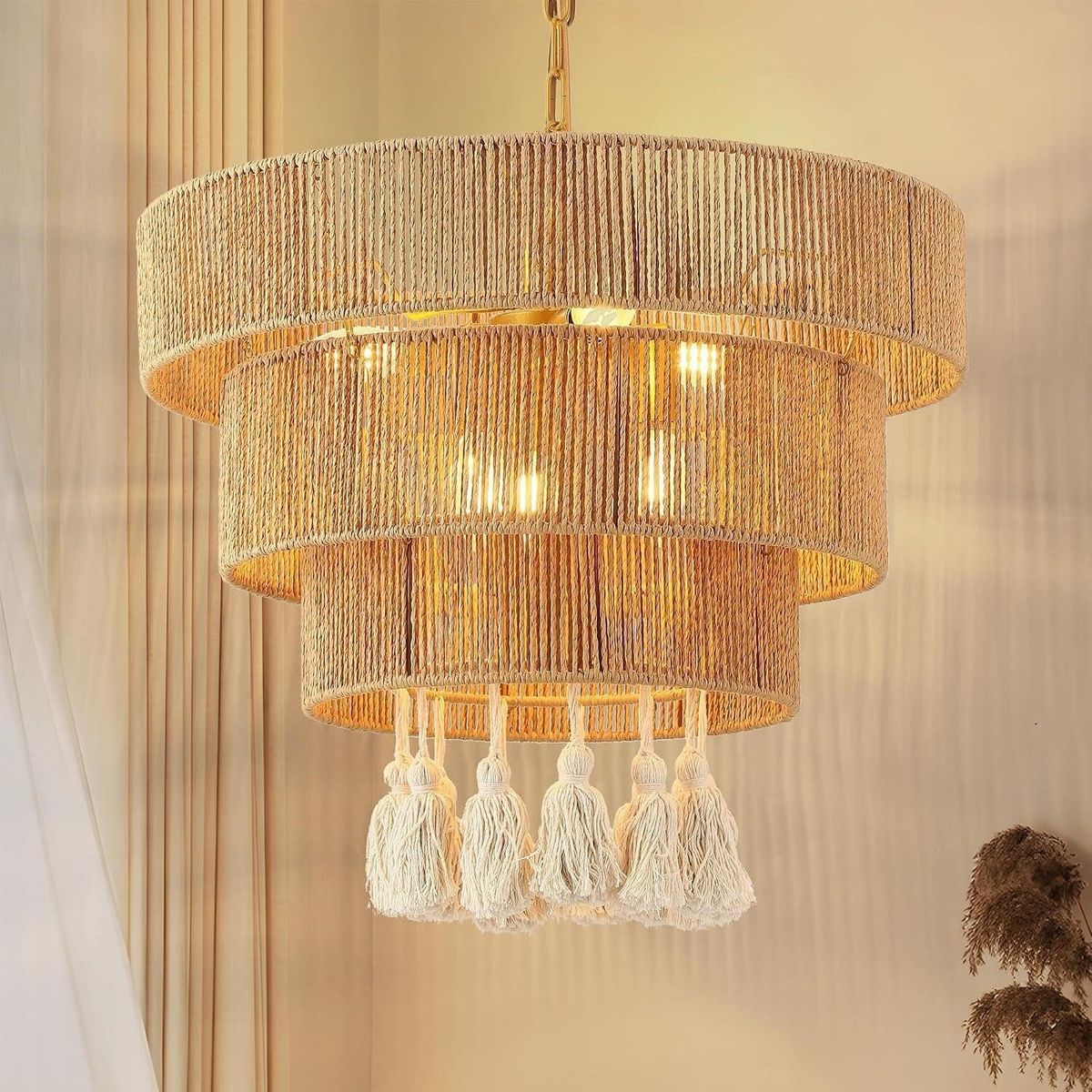 New-in-Box Riceears Boho 3-Tier Rope Chandelier, 20", 6-Light