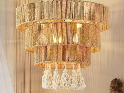 New-in-Box Riceears Boho 3-Tier Rope Chandelier, 20", 6-Light