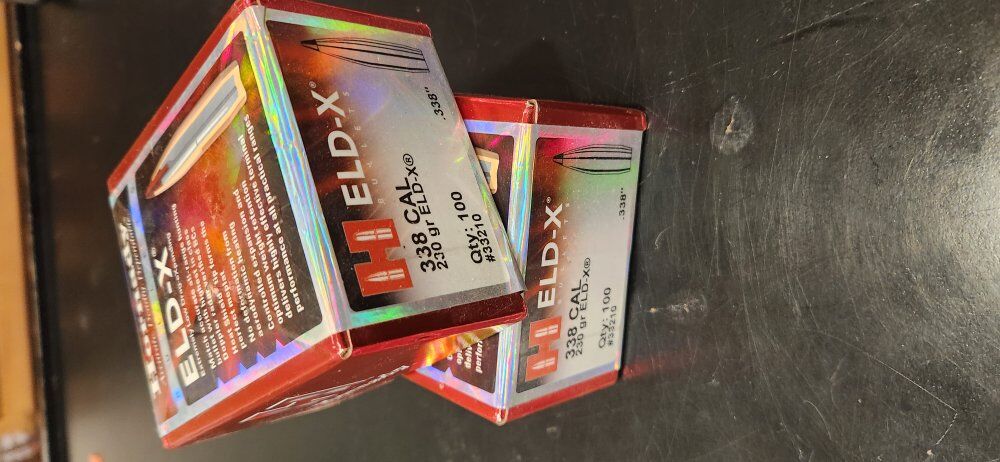 New/unopened box of Hornady ELD-X #33210, .338 caliber, 230gr, 100ct