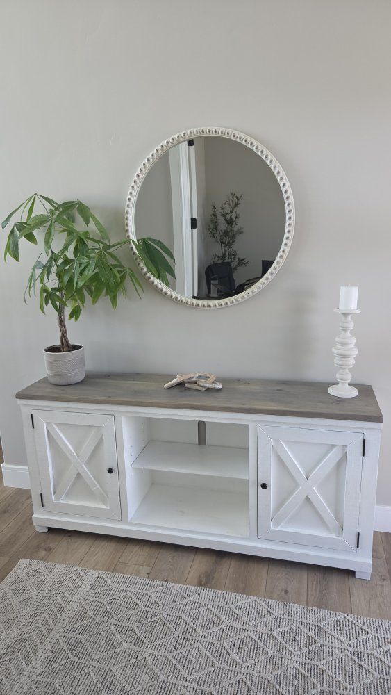 Farmhouse Style TV Stand or entry table with Storage Cabinets in White Gray Wood Finish