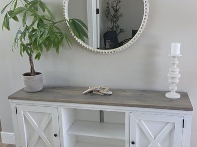 Farmhouse Style TV Stand or entry table with Storage Cabinets in White Gray Wood Finish
