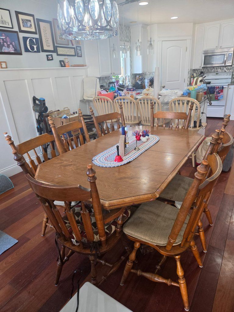 Vintage Wooden Dining Table and 8 Spindle-Back Chairs Set
