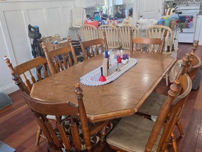Vintage Wooden Dining Table and 8 Spindle-Back Chairs Set